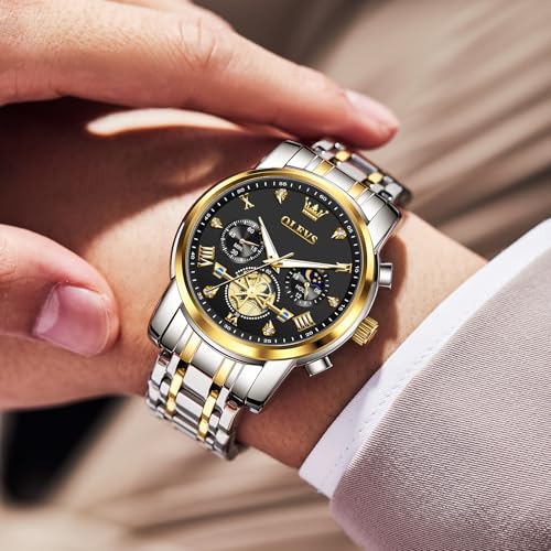 Image of OLEVS Men Watches Stainless Steel Chronograph Watch, Large Wrist Analog Quartz Watch, Fashion Waterproof Diamond Roman Numerals Dress Watches for Men, Gold /Black /White /Blue /Grey Dial