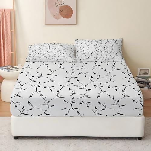 Spanbettlaken 140x200 Minimalistisch Spannbetttuch BläTter Bettlaken Boxspringbett mit Gummizug Spannbettuch Mikrofaser für Matratzen von 30 cm Mit 2 Kissenbezüge 80x80 cm