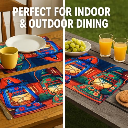Image of Dining Table Mats Set of 2 - Lamp Diwali Theme,Digital Print, Washable, Indoor /Outdoor, Heat-Proof, Water Resistant, Wipe & Clean (47X33 cm) Green & Blue