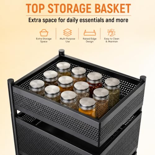 Image of JD FRESH 4-Tier Metal Rotating Kitchen Trolley with 360-Degree Rotating Wheels /Spice Rack /Vegetable & Fruit Storage /Organizer Holder /Onion-Potato Storage Basket for Kitchen /Vegetable Storage Stand