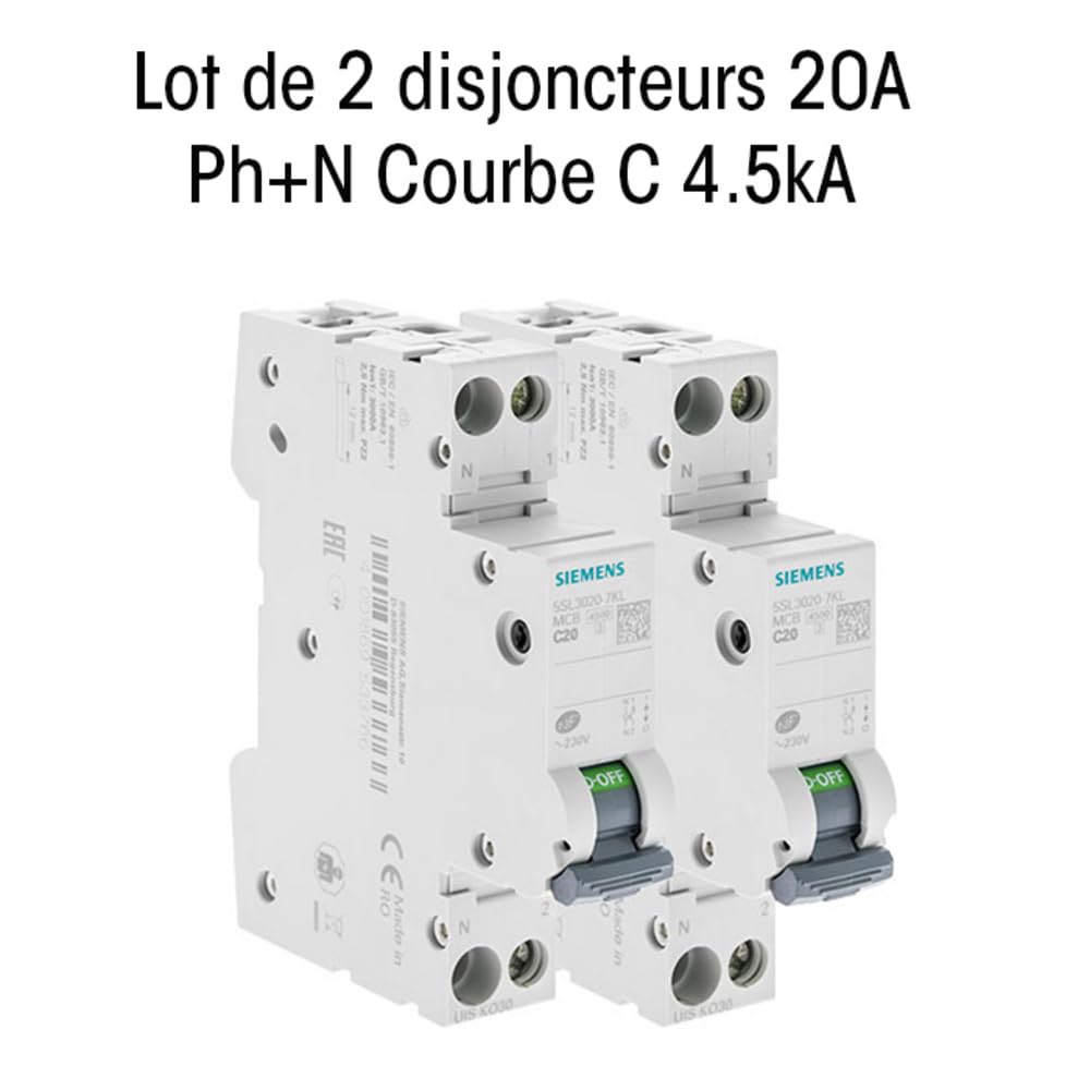 Lot de 2 Disjoncteurs électriques phase + neutre 20A