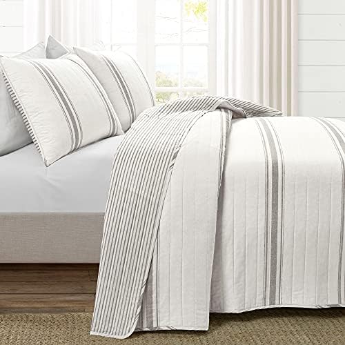 Lush Decor Farmhouse Stripe 3 Piece Quilt Set, Full/Queen, Grey