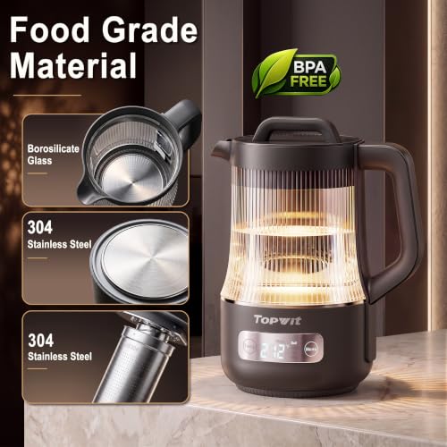 Image of TOPWIT 1.6L Smart Glass Electric Kettle with Temperature Control | Removable Stainless Steel Tea Infuser, Digital Touchscreen, 12 Hours Keep Warm, Auto Shut-Off, Ideal For Family Use, Grey