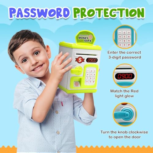 Image of Piggy Bank Toy for Kids and Adults - Gullak Money Safe with Number Password and Touch Sensor - Money Saving Mini ATM Toy with Lights and Sound (Green -White)