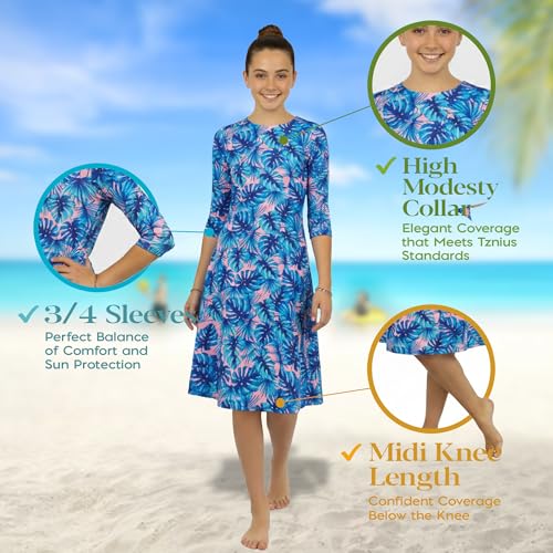 Image of Shira Modest Girls Swim Dress | 3 /4 Sleeve Swimdress, Full Coverage Bathing Suit | Tznius UPF 50+ Quick-Dry