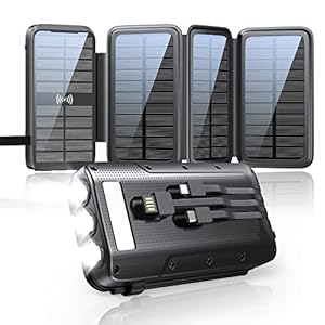 superallure Solar Charger, Power Bank, Portable Charger,43800mAh QC3.0 Fast Charger Qi 10W Wireless Charger 4 Solar Panel Built-in 2 Kinds Output Cable and 680Lumen flashlights