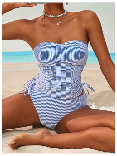 GORGLITTER Women's Striped Bandeau Tankini Swimsuits Side Drawstring Bathing Suit3