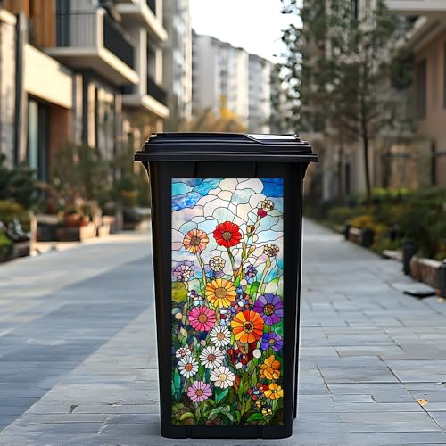 Image of 14.6x32.3 Inch Trash Can Cover Stained Glass Art Style Blooming Flowers with Clouds Design Outdoor Garbage Bin Decoration Sticker Wrap