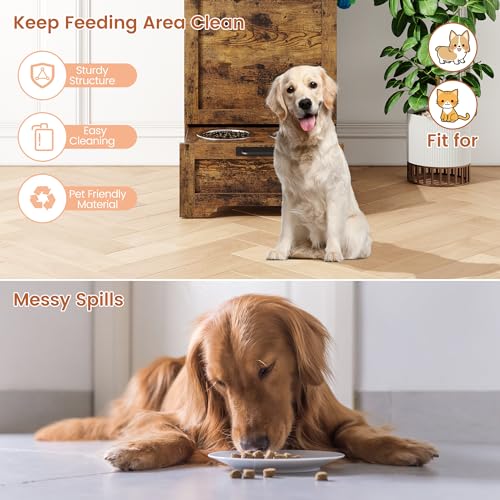 Dog Feeding Station with 2 Elevated Bowls, Pet Feeding Station,Flip Top Dog Food Storage Cabinet, Food Storage Container,Pet Toy Organizer,Modern Organizer,Brown