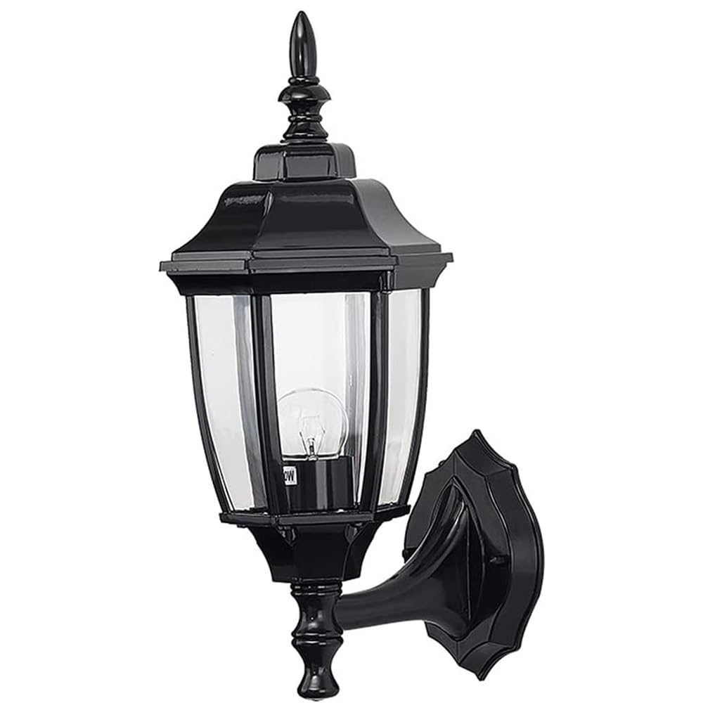Lampa ścienna na ganek zewnętrzny, wodoodporny, kolor czarny, antykorozyjny, z przezroczystą szklaną podstawą E26/E27, idealna do domu, garażu, drzwi wejściowych.