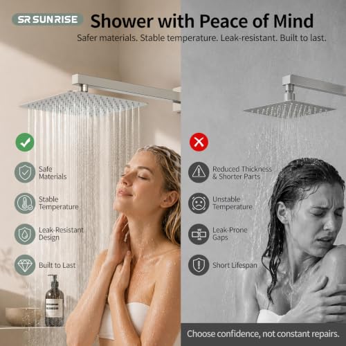Image of SR SUN RISE Shower Faucet Set 10-Inch Rainfall Shower Head Brushed Nickel