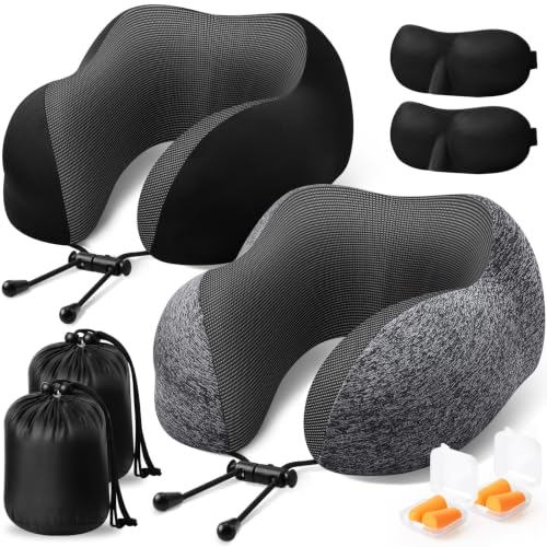 Image of ExploreBliss Travel Pillow, 2 Pack Travel Pillows for Sleeping Airplane, Removable Cover Neck Pillow with Adjustable Clasp, Memory Foam Neck Pillow Set (Dark Grey & Black) | Travel Pillows for Airplanes, Neck Pillow Airplane, Memory Foam Neck Pillow Set with Eye Mask, Earplugs