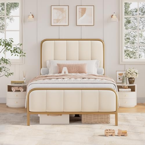 Image of HITHOS Twin Size Bed Frame with Button Tufted Headboard, Upholstered Heavy Duty Metal Mattress Foundation with Wooden Slats, Easy Assembly, No Box Spring Needed (Golden /Off White, Twin)