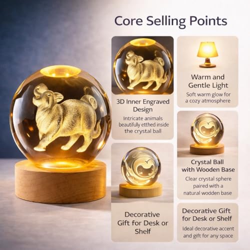 Lámpara de Noche Bola de Cristal con Base de Madera USB miniatura 6