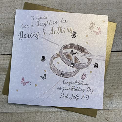 WHITE COTTON CARDS PERSONALISED WEDDING CARD, TO A SPECIAL SON & DAUGHTER-IN-LAW, RINGS DESIGN, HAND FINISHED (X) P23-9-SD