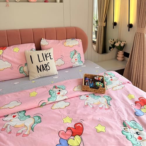 Image of Famyo King Size Bedsheet Set with 2 Pillow Covers, 250 TC Fitted Bedsheet & Comforter Cover (4pc Set) - Home Decor, 72x78 inches King Size Children Bedding, Cute Pink Unicorn & Rainbow Design | 4-Piece Set, 250 TC Fitted Bedsheet, 2 Pillow Covers, 72 x 78 in, Pink Unicorn & Rainbow Design, Soft Kids Bedding