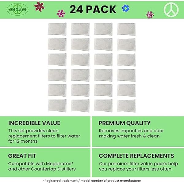 24 Pack distilleerfilters gemaakt van actieve kool. Werkt geweldig voor Megahome en vele andere aanrecht distilleerders - Made in USA