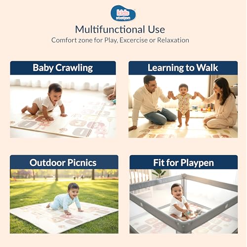 Image of Kids Station Double-Sided Waterproof Baby Playmat - Foldable, Portable & Reversible Foam Mat for Infants, Toddlers & Kids - Soft, Non-Slip, Easy-to-Clean Baby Crawling Mat for Indoor /Outdoor Use (200x150x0.8cm, Flying Bear & Rainbow Print)