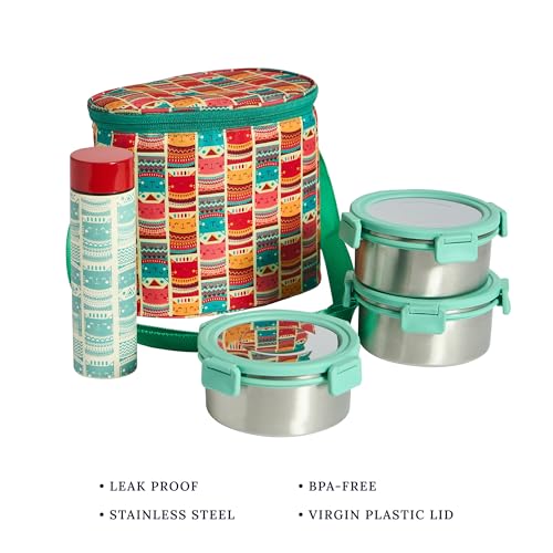 Image of Chumbak Aztec Cats Lunch Box Set | Tiffin, 3 round Containers, 450 ml Each, 1 Sipper bottle 350ml| Easy to Carry | Leak Proof | Stainless steel Lunch box