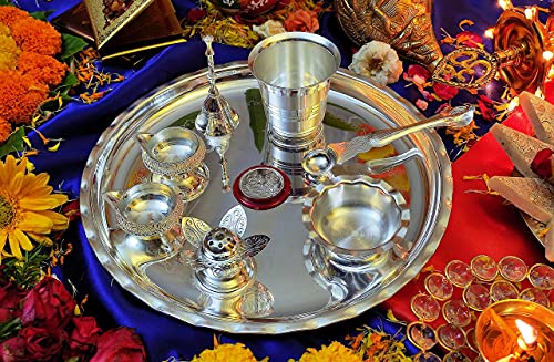Nobility Pooja Thali Set Silver Plated 9.5 Inch Puja Thali With Coin Kuber Diya Dhup Dani Bowl Spoon Glass Ghanti For Diwali Home Temple Office Wedding Return Gift Items #TOP2