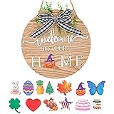 CHUANGLI Seasonal Welcome Sign Front Door Porch Decor, Interchangeable Door Sign Rustic Wooded Wall...