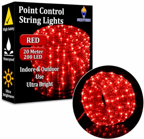 Image of fizzytech Rice Fairy String Lights, 20 Meter Copper Wire Point Control Lights with 8 Flash Modes for Diwali, Christmas, Wedding, Window, Garden & Home Decoration - Red, 200 LED