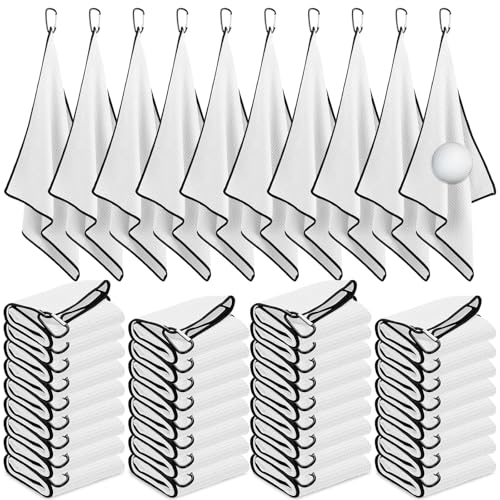 Batiyeer Golf Towels Bulk for Bags 16 x 24 Microfiber Waffle Pattern Golf Towels Trifold with Clip for Tournament Hiking Yoga (White 30 Pcs)
