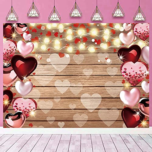 Valentine's Day Photography Backdrop Red Love Heart Glitter Wooden Photo