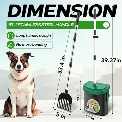 Image of UPSKY 33.4 inch Dog Pooper Scooper Swivel Bin & Rake Kit with 100 Waste Bags | Long Handle Heavy Duty Pet Poop, Stainless Steel, Easy to Install, Odor-proof Lid for All Dog Sizes-Yard /Lawn /Outdoor Use