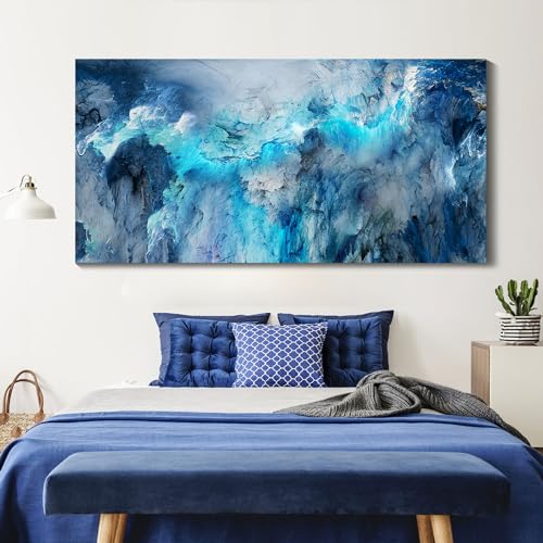 Image of Mofutinpo Blue Abstract Canvas Wall Art | Modern Contemporary Painting for Living Room, Bedroom, and Office | Large Abstract Artwork | Ready-to-Hang Home Decorations | 29x58 Inches