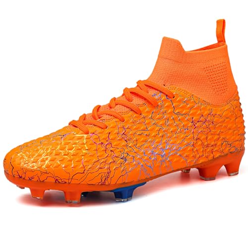 MIGPOGZAI Men's Soccer Shoes High-Top Soccer Cleats Outdoor Breathable Athletic Professional Spikes Youth Boys Football Shoes Unisex Orange