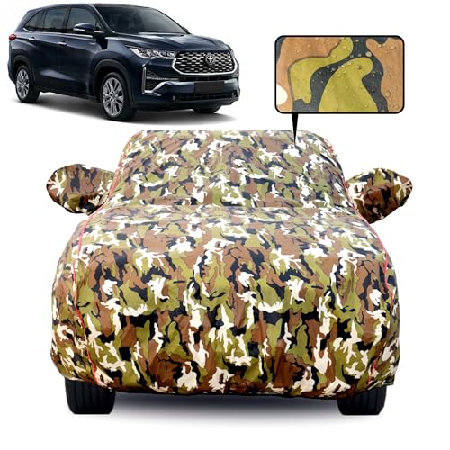 Image of Waterproof Car Body Cover for Toyota Innova Hycross with Mirror Pocket, Soft Cotton Lining, Triple Stitched, Full Bottom Elastic (Heat Resistant Jungle Print with Red Piping) 1Unit