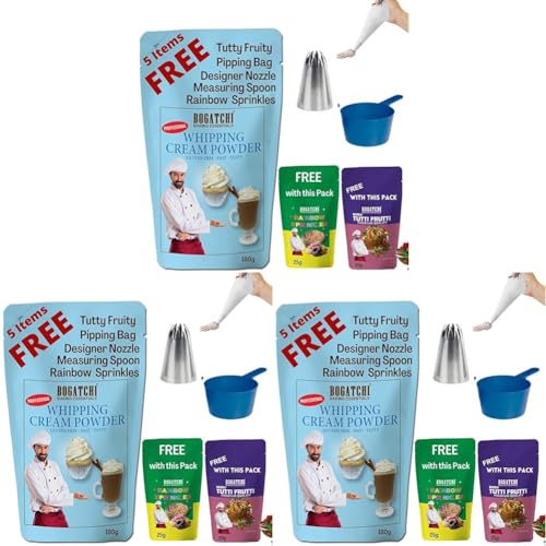 Image of BOGATCHI Whipping Cream Powder, Gluten Free | Tasty | Non-GMO, 180g, Free Tutty Fruity and Rainbow Sprinkles, Measuring Spoon (Pack of 3)