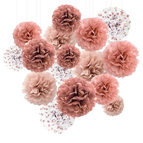 Rose Gold Tissue Paper Pompoms 16PCS Rose Gold Burnt Coral Tissue Paper Pom Poms Paper Flower for Wedding Birthday Party