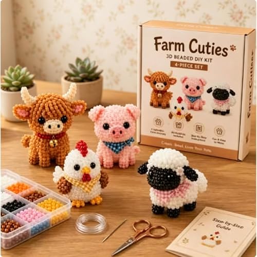 xolvun 2026 Tiny 3D Beaded Animal DIY Kit 4-Pack Beginner Bead Animal Making Kit Mini 3D Animals Bead Pets Kit for Adults & Teens - Stress Relief Handmade Decoration Gift (Farm Cuties)