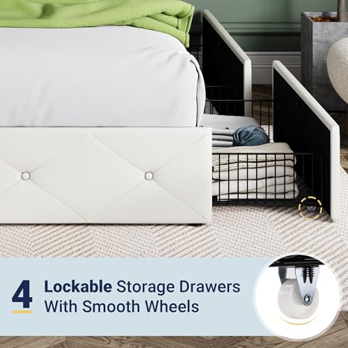 Allewie Upholstered Full Size Platform Bed Frame with 4 Storage Drawers and Headboard, Diamond Stitched Button Tufted, Mattress Foundation with Wooden Slats Support, No Box Spring Needed, White