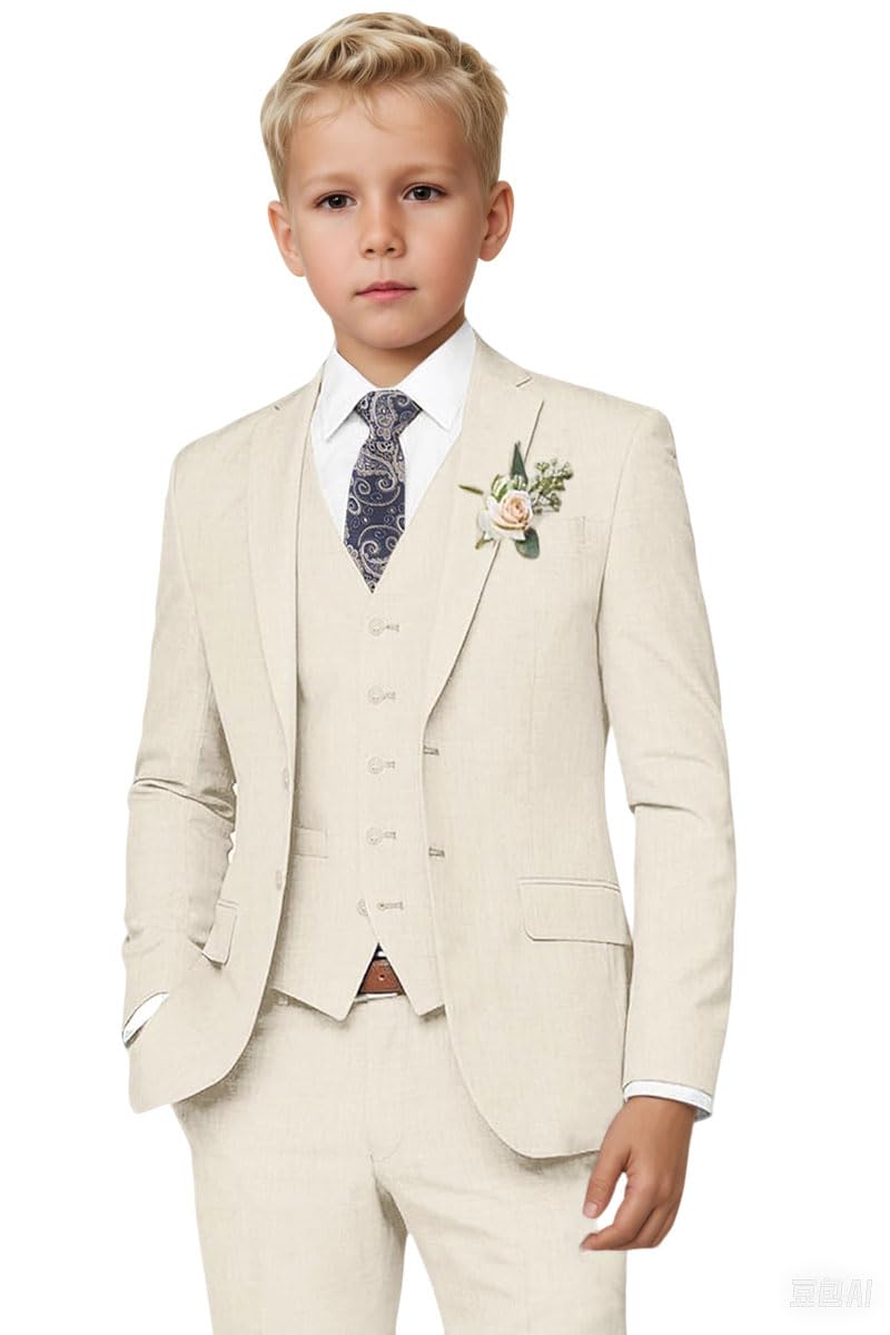 Botong Boys Linen Suit for Summer Wedding 3 PC Notch Lapel Kids Tuxedos Toddler Formal Wear Ivory 10T