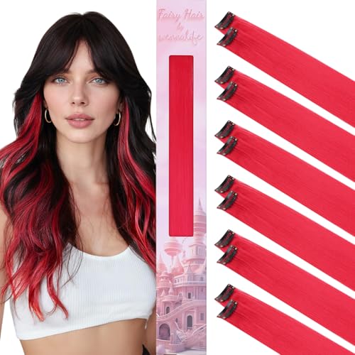 WENNALIFE Lot de 12 extensions de cheveux rouges à clipser pour enfants - Mèches arc-en-ciel - Cheveux synthétiques raides - Style pop-up coloré -...