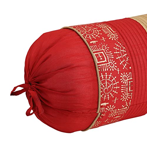 Image of Gifts Island Set of 2 Polyester Silk Traditional Hand-Block Printed & Striped Bolster Covers (Red)