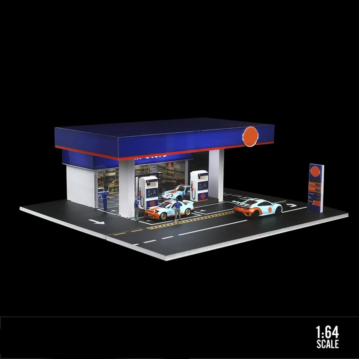 Miniaturowy wyświetlacz stacji benzynowej Gulf, skala 1/64, garaż z oświetleniem LED, kompatybilny model architektoniczny do kolekcji samochodów DIY (samochody i figurki nie są dołączone)