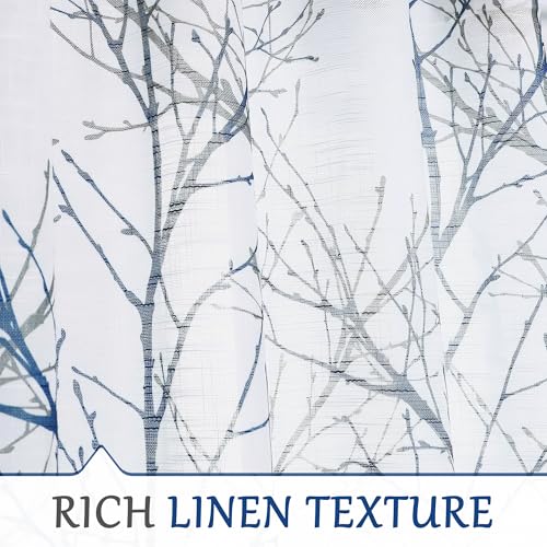 Image of FMFUNCTEX Sidelight Sheer French Door Curtains 72 Inches Long White, Blue and Grey Print Branch Semi-Sheer Door Panels for Front Patio Door 24 Inches Wide 2 Panels Set