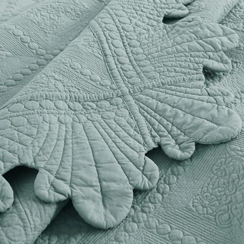 MarCielo 3-Piece 100% Cotton Oversized Bedspread Lightweight Quilt Coverlet Embroidery Farmhouse Bedding Set (Tk Aqua Green, Oversized Queen (100"x106"))