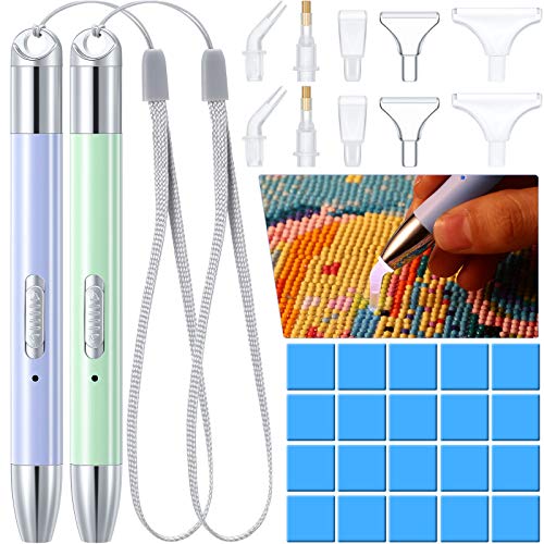 Zonon 2 Pieces LED Diamond Painting Pen 5D USB Rechargeable Lighting Point Drill Pen with 10 Head and 20 Glue Clay for Kids DIY Handicraft(Green, Purple)