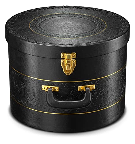 Large Hat Box for Men & Women Storage- Round Hat Box Container Easy Travel with Gold locking Lid Gold Rim and Sturdy Handle Great for Carrying & Protecting Round Hats and Caps. (Black)