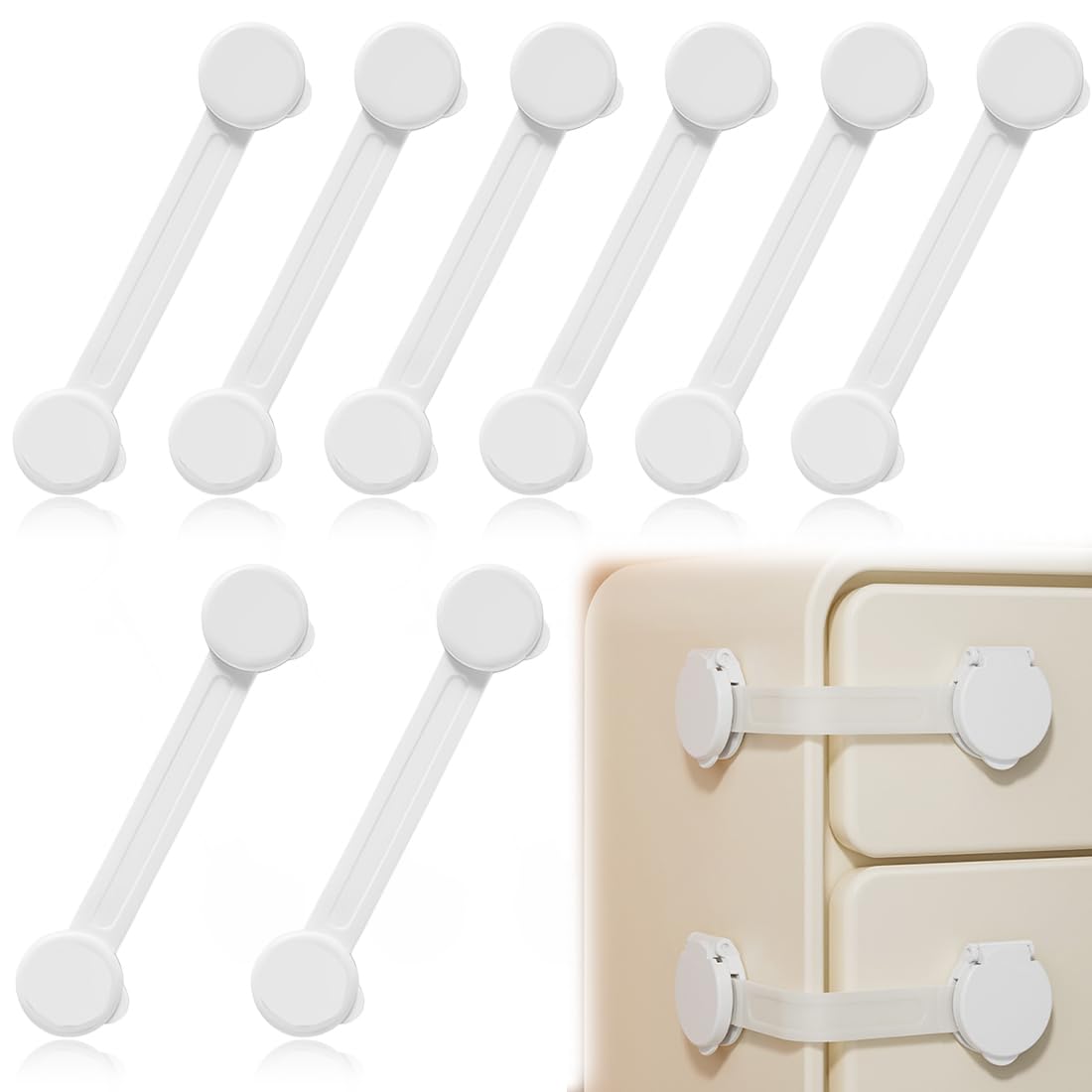 Kindersicherung Schrank, 8 Stück Lang Schranksicherung Baby, Schrank Kindersicherung, Weiß Schubladensicherung baby, Für Schränke, Schubladen, Kühlschrank, Mit Kleber, Kein Bohren