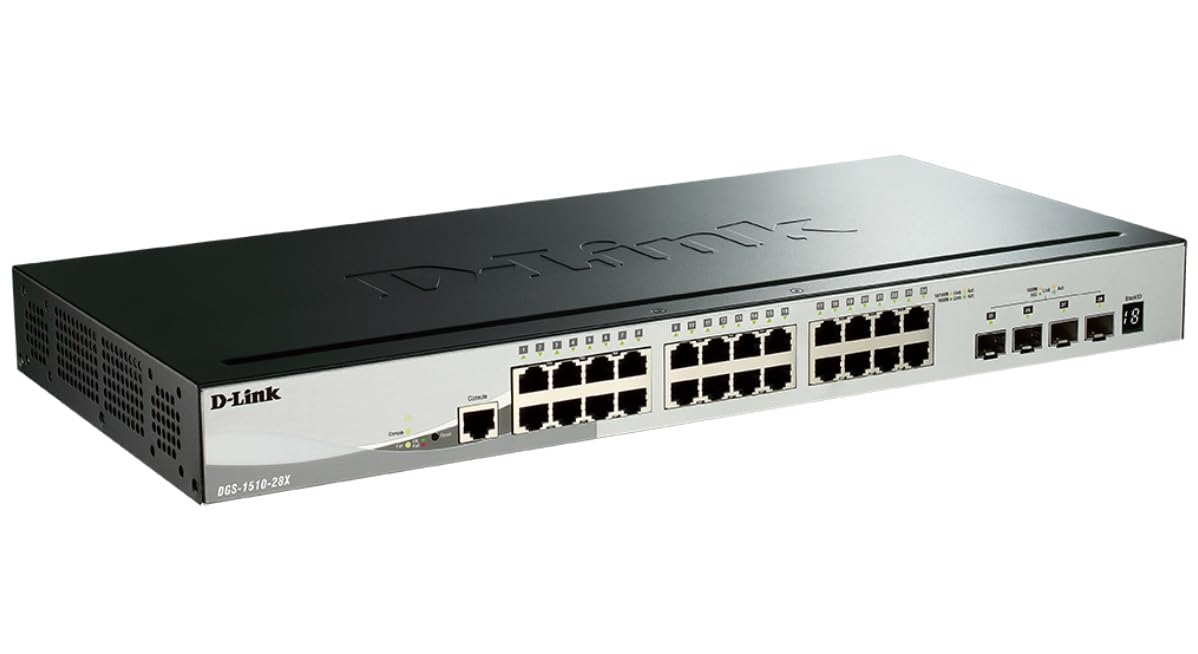 D-Link DGS-1510-28X - Switch 24 puertos Gigabit L2+ (funcionalidades L3) y 4 puertos 10G SFP+, apilable, altura 1U, VLAN automática para video vigilancia y telefonía IP