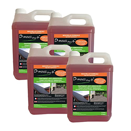D-MOUSS PRO Démoussant Concentré Bidon 4x5L jusqu'à 2 000 m², Anti-Verdissure et Anti-Dépots Verts, Usage Multi Support (Toiture, Terasse, Façade, Pavé)