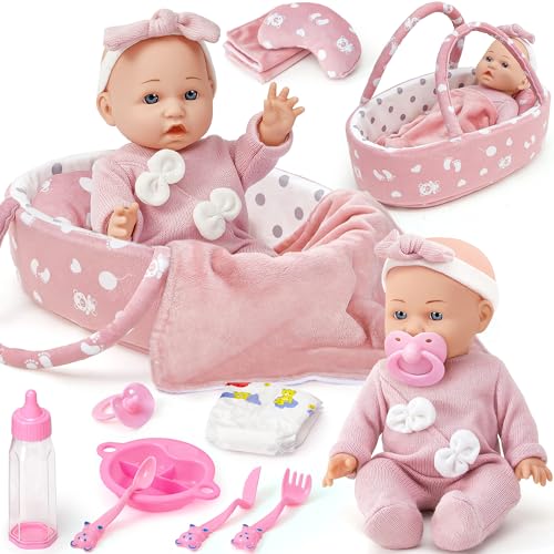 Golray 12' Soft Baby Doll Set with Accessories Bassinet Carrier, 13 Pcs First Toddlers Realistic Baby Doll Crib with Pillow/ Clothes/ Feeding Kit, Pretend Play Toy Birthday Gift for Girls Ages 3 4 5 6