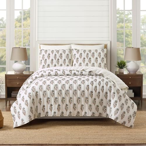 Mughal Flower Block Print Quilt and Pillow Sham Set, Vintage Rustic Cottage Lightweight Cotton Voile 3-Piece Bedding Set, King Size, Cream