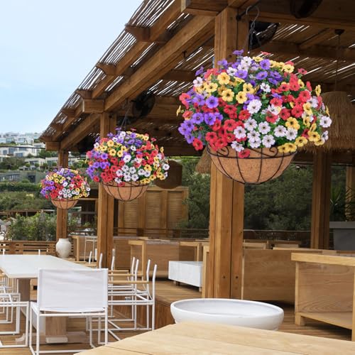 Image of Artificial Hanging Silk Flowers for Outdoors with Basket, Mix | Fake hanging plants with basket, silk daisy flowers, UV resistan, for porch balcony patio home spring summer decoration